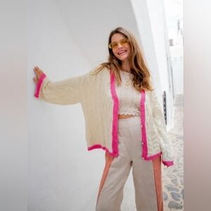 VRG GRL Cream Cable Knit Cardigan with Pink Trim - Women Sweater